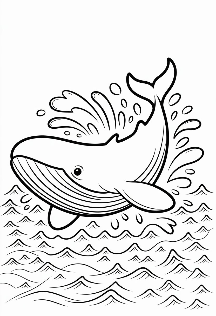 Whale Coloring Pages For Kids | 11 Fun and Educational Designs 11 A large whale jumping out of the water with waves and splashes around it.